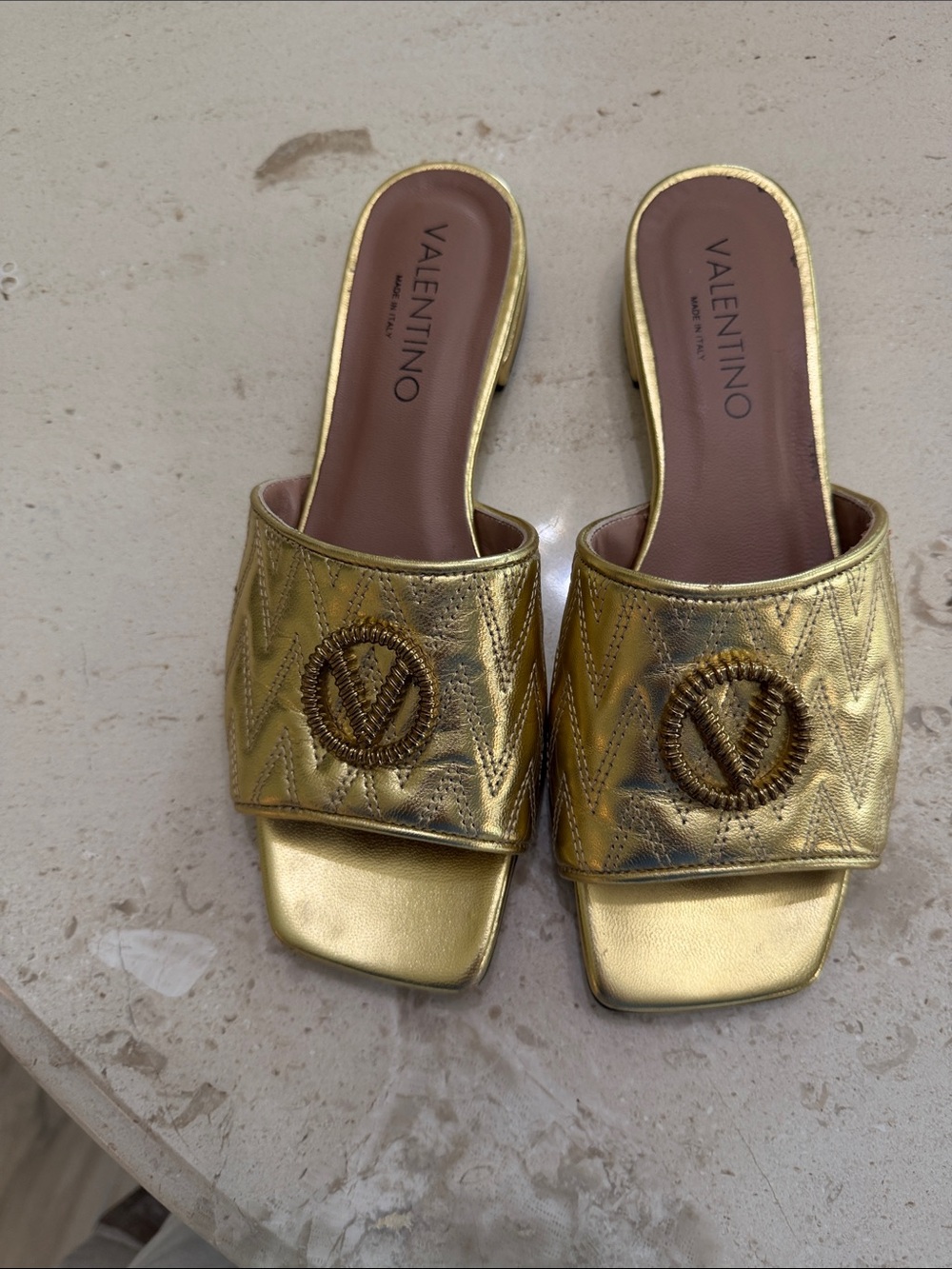 Valentino Metallic Gold Quilted Logo Slide Mules